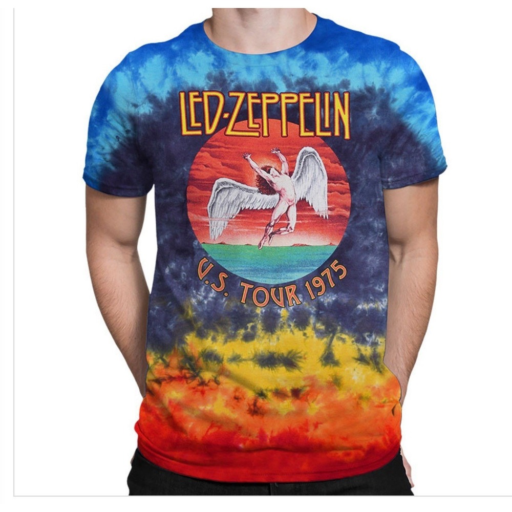 Led Zeppelin US Tour 1975 T-Shirt Rock Music Angel Blue Orange Tie-Dye Mens Sz L